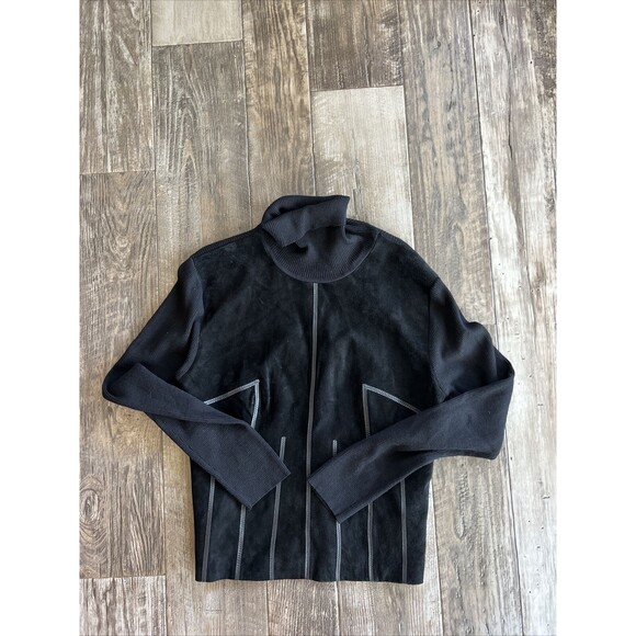 Lucidity Women Suede Black Sweater‎ Jacket Leather Detail with Ribbed Knit, XL - Picture 1 of 5